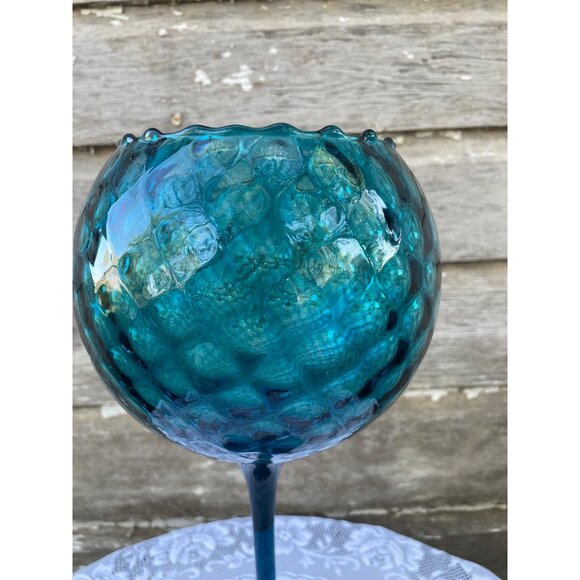 Vintage MCM Empoli Tall 14"  Turqoise Blue Glass Snifter Pedestal Vase Bowl - Picture 4 of 10